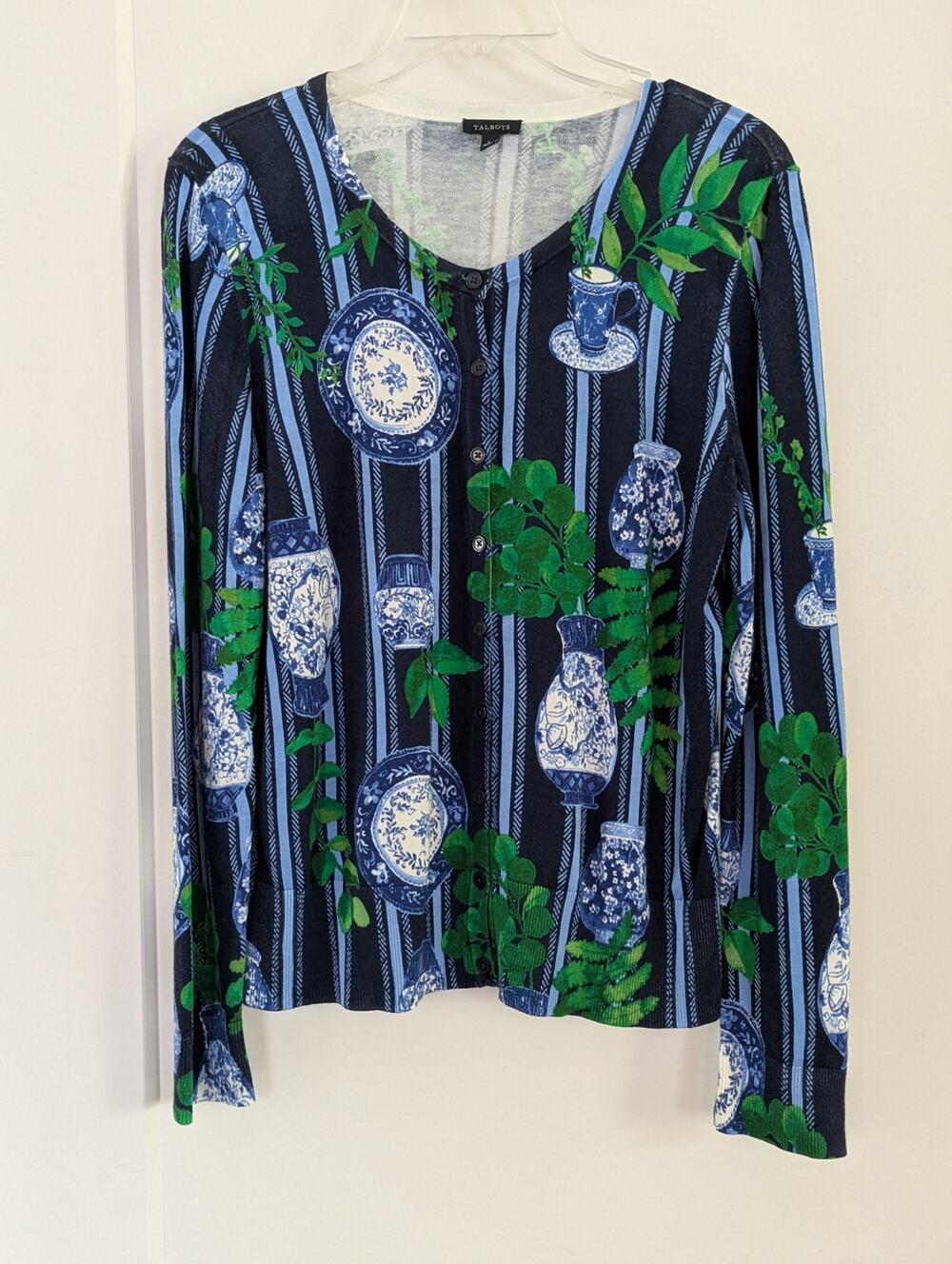 Talbots L Cardigan Sweater Chinoiserie Print Blue White Porcelain Green Floral